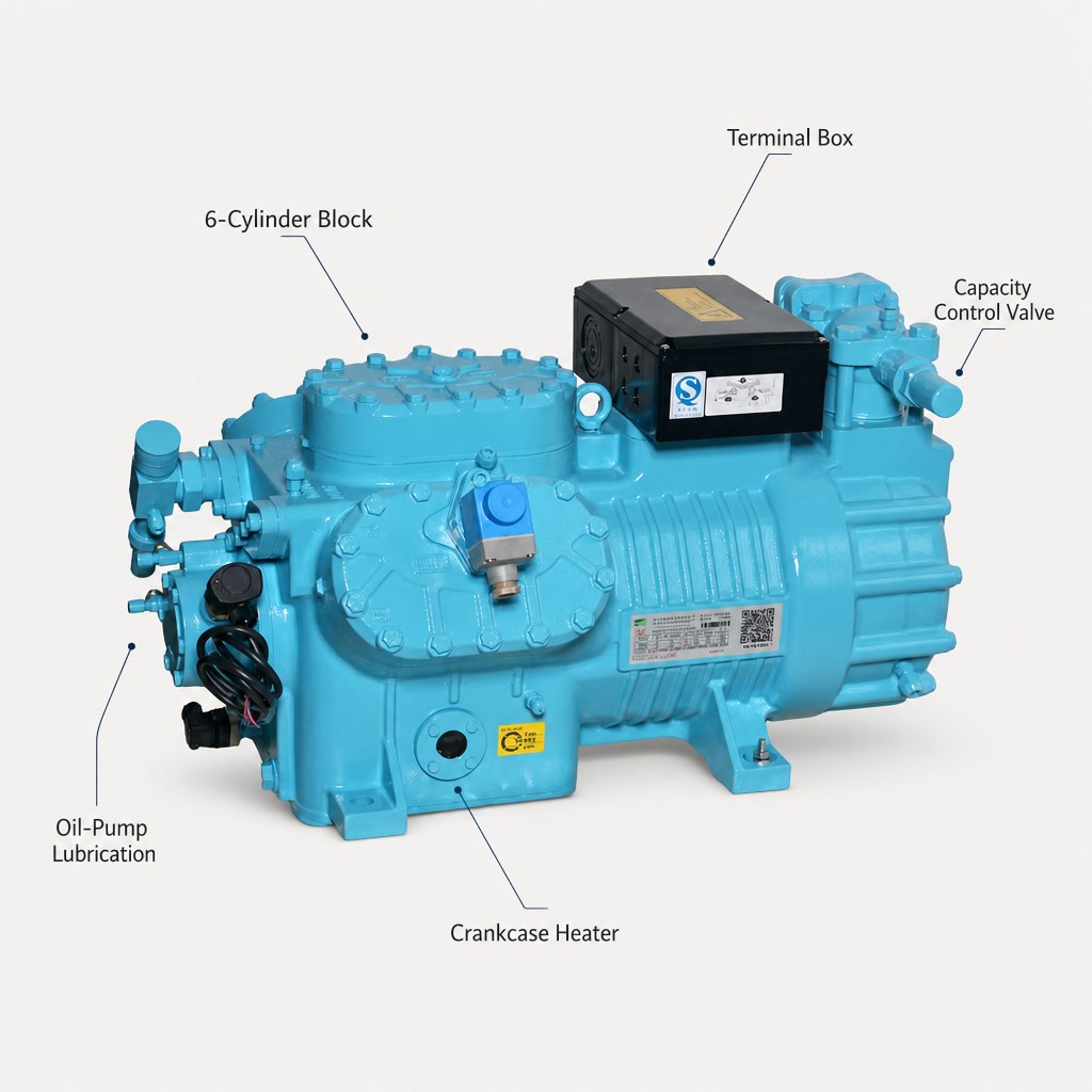 High-Efficiency Six-Cylinder Piston Refrigeration Compressor for Marine Equipment And Industrial Process Cooling Systems